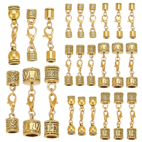 GOMAKERER 24 Sets Cord End Caps with Lobster Clasp Connector, 6 Styles Leather Cord End Caps Tibetan Alloy Tube Barrel End Tip Glue in Barrel End Caps for Necklace Bracelet Jewelry DIY Making