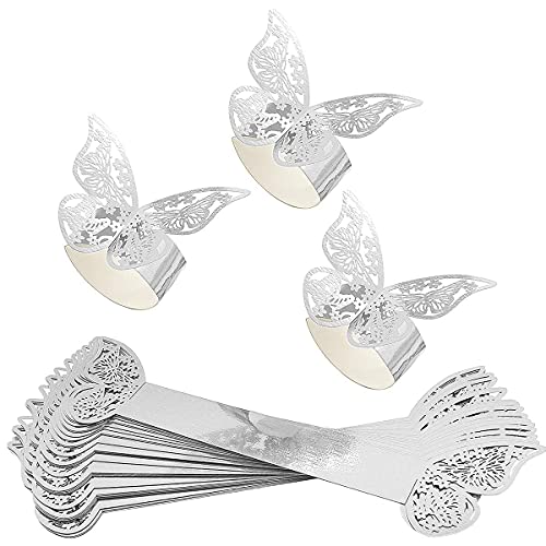 Lot de 30 ronds de serviette creux en papier papillon réfléchissant brillant pour mariage, banquet, dîner, fête (argent)