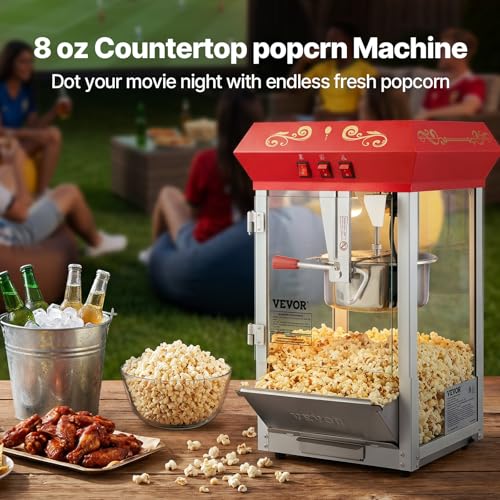Foto von VEVOR Popcornmaschine Popcornautomat 850 W Popcorngerät, 8 oz Kessel für 48 Tassen pro Ladung, Popcornmaschine mit gehärtetem Glas inkl. 4 Schaufeln Kino-Stil Restaurant (Rot, Ohne Wagen)