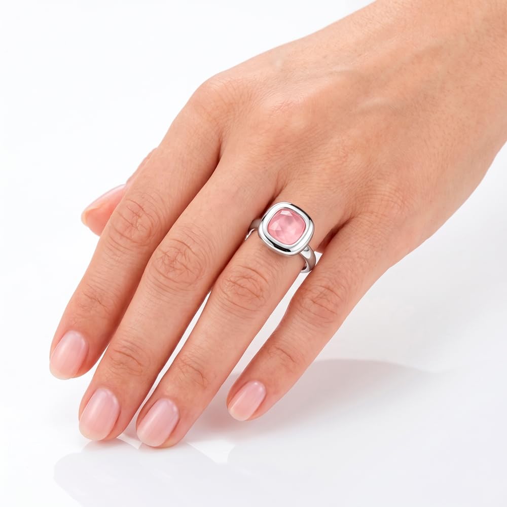 Passo Anillo plata mujer con piedra tallada en color rosa - Anillo solitario mujer ajustable, ideal para las tallas más comunes - Se envía en una cajita de regalo