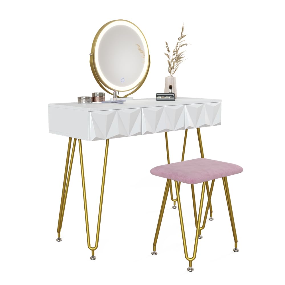 Vicco Tavolo da toeletta Ruby, Bianco, 100 cm | con illuminazione LED e sgabello, Spazio per trucco, prodotti per capelli e cura sempre a portata di mano