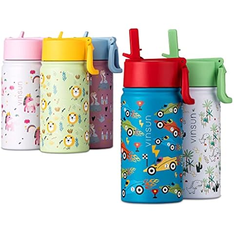Vinsun Kids Water Bottles Boys 350ml with Straw - Leak-proof, Stainless Steel, BPA free - Blue insulated Drinks Bottle with Cars for School, Sport Cover