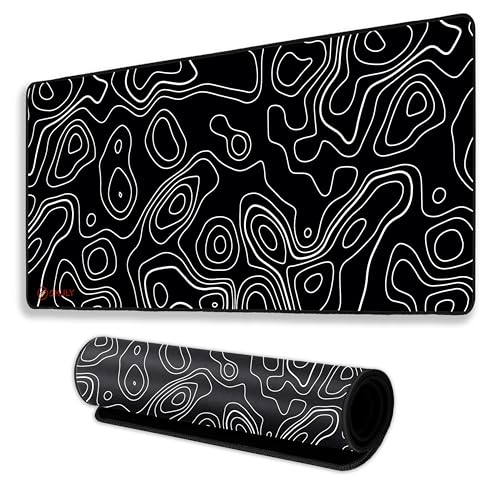 Image of Black Contour Line Mouse Pad 18x36 Inch 3mm Extended Gaming Desk Mat with Anti-Slip Rubber Base Mousepad for Smooth Surface Desk pad for PC & Laptop Use Waterproof & Stiched (Black /White)Deskpad