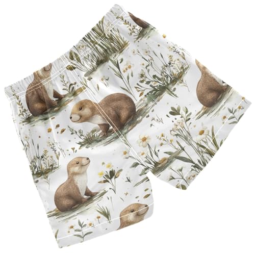 Pigsaly Boys' Swim Board Shorts Watercolor White Flower Brown Sea Otter Boy's Swim Trunks Kids Swimwear 2T2