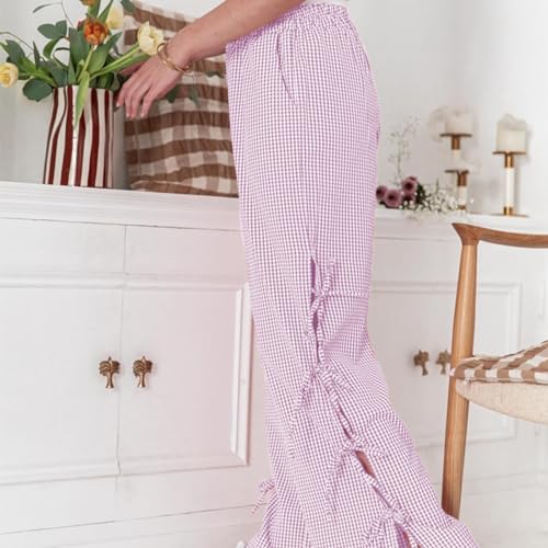 Image of Y2K Gingham Pants for Women Bow Tie Side Slit Wide Leg Lounge Bottom Plaid Checkered Loose Fit Going Out Pants