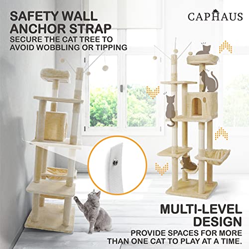Caphaus 70-Inch Activity Tree With Hammock, Multi-Level Modern Cat Climbing Play Tower W Tall Top Perch, Cat Cave Condo, Indoor Cat Treew Cute Scratching Posts For Large Cats Kittens #TOP3