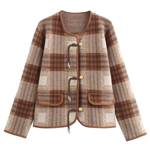 HOULENGS Women's Vintage Button Down Cardigan Sweater Plaid Print Long Sleeve Knit Coat with Pockets 2025 Fall Fashion