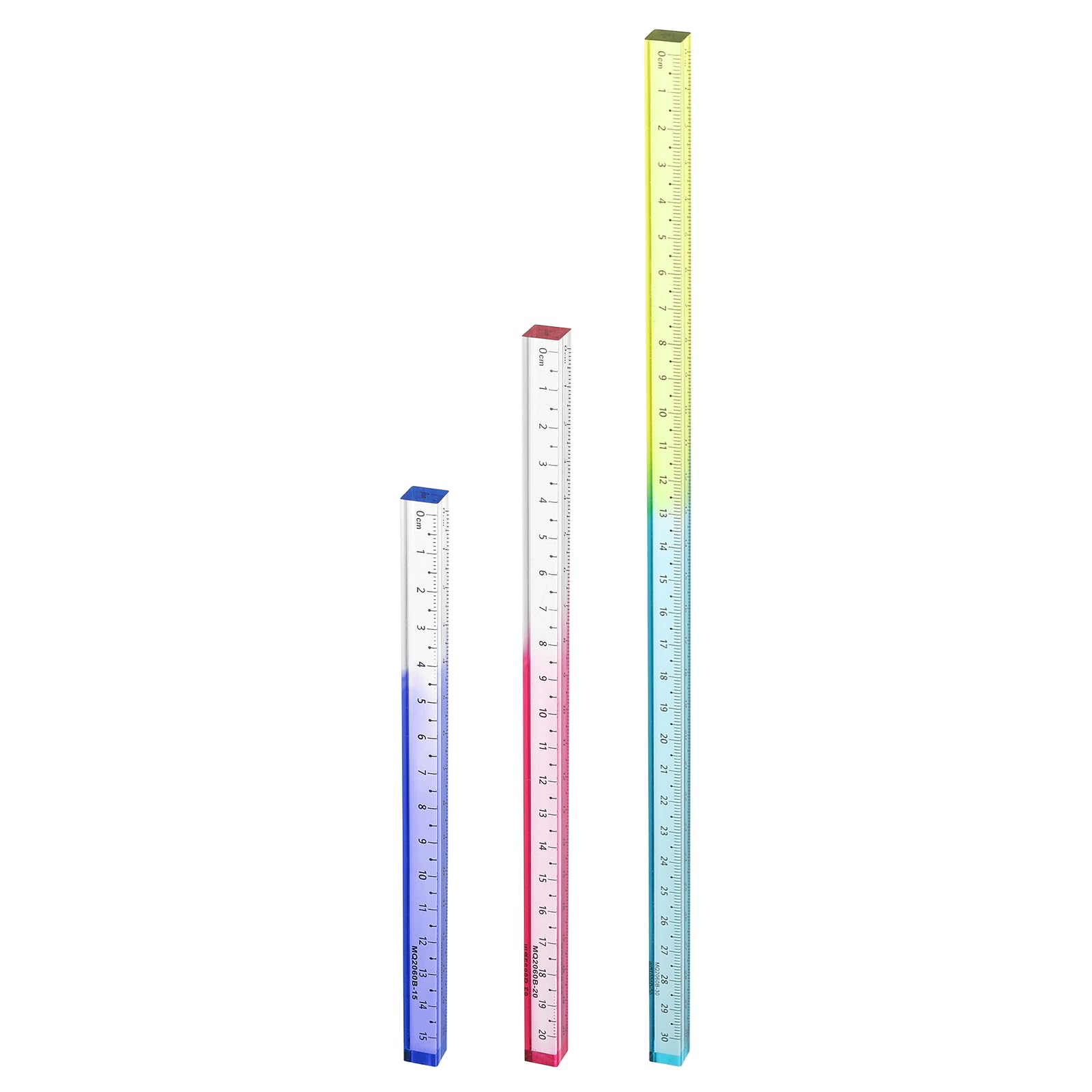 sourcing map 3pcs Acrylic Clear Straight Rulers 15/20/30cm Metric Transparent Gradient Three-Dimensional Plastic Ruler Square Cube Measuring Tool for Office, Blue/Pink/Blue — image 1
