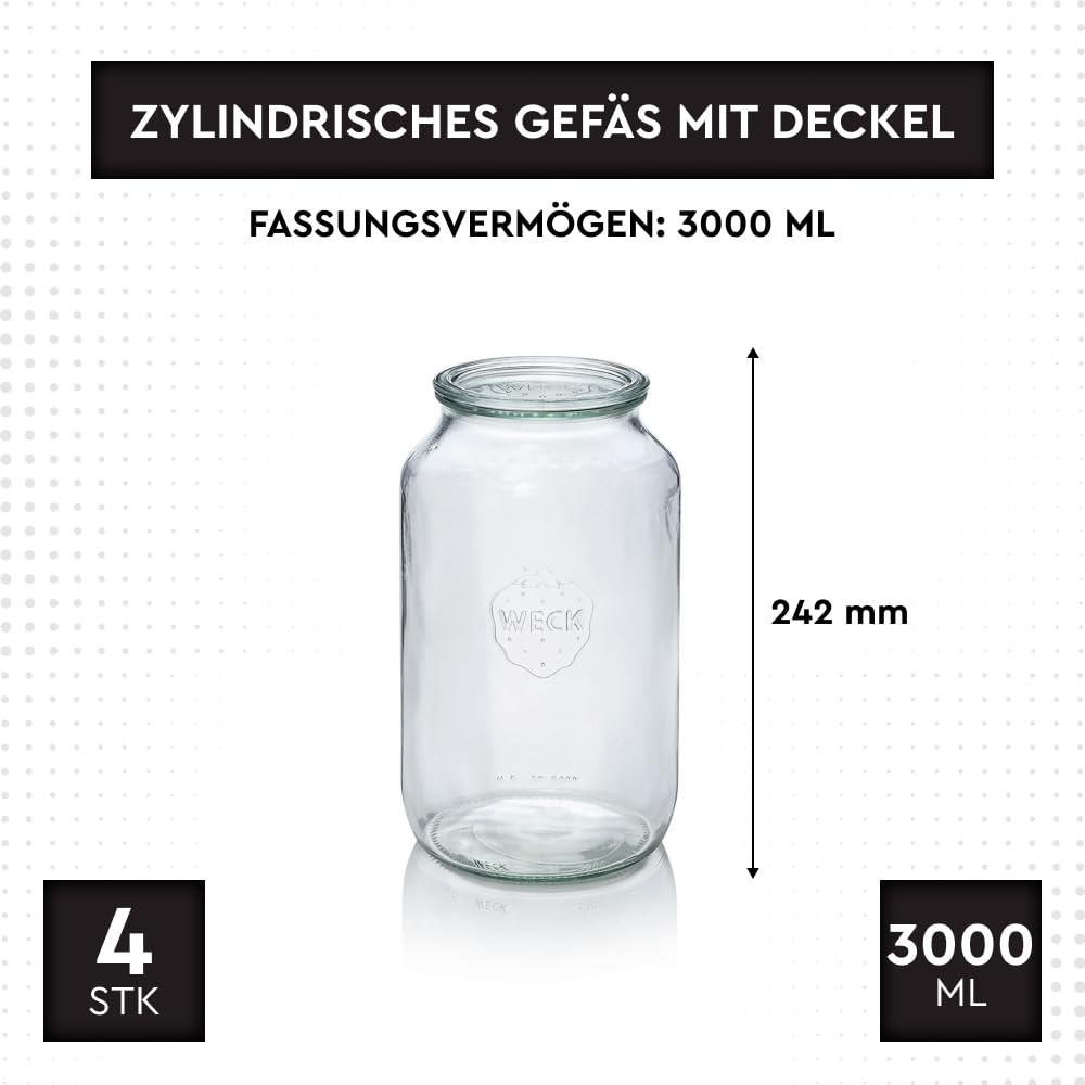 Weck Zylindrisches Glas 3000 ml 4 Stück | Glas mit Deckel | Zum Einmachen von Konserven, Säften, zur luftdichten Aufbewahrung von trockenen Zutaten