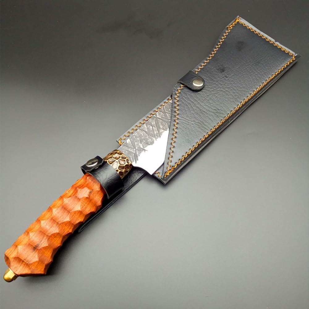 DAXXIN Meat Cleaver,Cleaver Knife, Machete Outdoor Kitchen Knives 9 Inch Viking Knife Handmade Forged Mountain Climbing Fishing Chop Wood Cleaver With Scabbard(Knife and Leather)