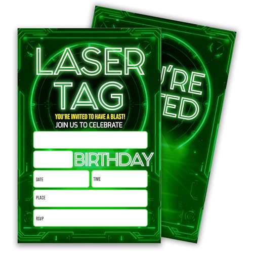 LOhgys Laser Tag Birthday Party Invitations, Glow Neon Theme Invite Cards, 20 Count with Envelopes for Boys Girls Teen, 4 x 6 Double Sided Printed Fill In Blank Party Supplies- Green