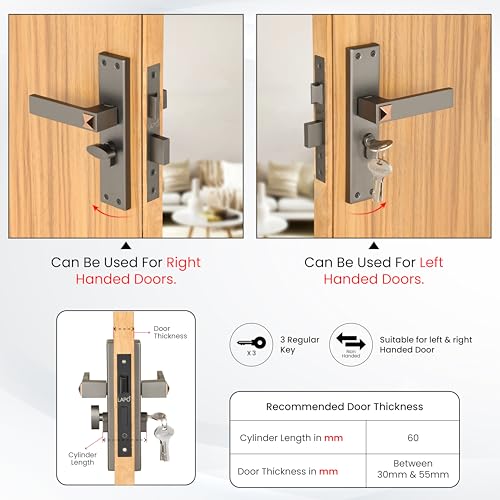 Image of LAPO Mortise Door Lock for Home Main Door & Bedroom with Handle | Heavy-Duty 60mm Cylinder | Left-Right Fit 30-50mm Door Home Office Hotel | 3 Brass Keys | 45x45mm Body | Black Finish | CY-132