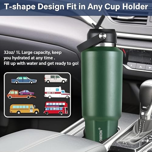 Image of HYDROWION 32 oz Insulated Water Bottle, Car Water Bottle Holder - Double Wall Vacuum Insulated Travel Bottle with Straw Lid, Spout Lid and Flex Cap - Cold for 24H, Hot for 12H, Olive