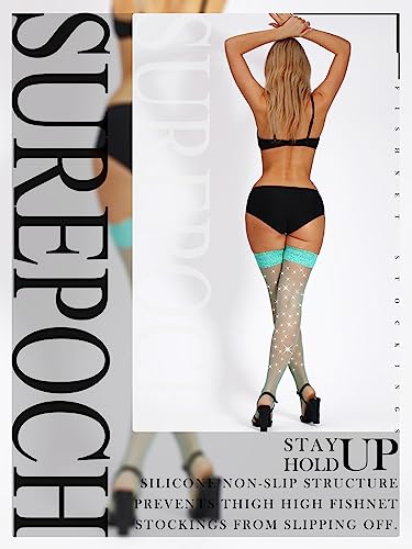 Image of SUREPOCH Sparkly Rhinestone Fishnet Thigh High Stockings for Women Silicone Lace Top