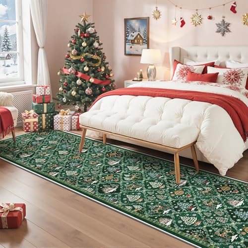 Madane Christmas Runner Rugs for Hallway 2x10 Long, Washable Non-Slip Green Hallway Rug Low-Pile Stair Kitchen Runner Soft Holiday Decor Throw Carpet for Entrance Living Dining Laundry Room