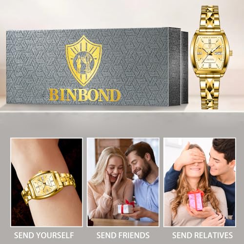 Image of BINBOND Square Watches for Women Analog Quartz Day Date Ladies Wrist Watch Diamond Stylish Stainless Steel Dress Womens Watch Elegant Luminous Waterproof