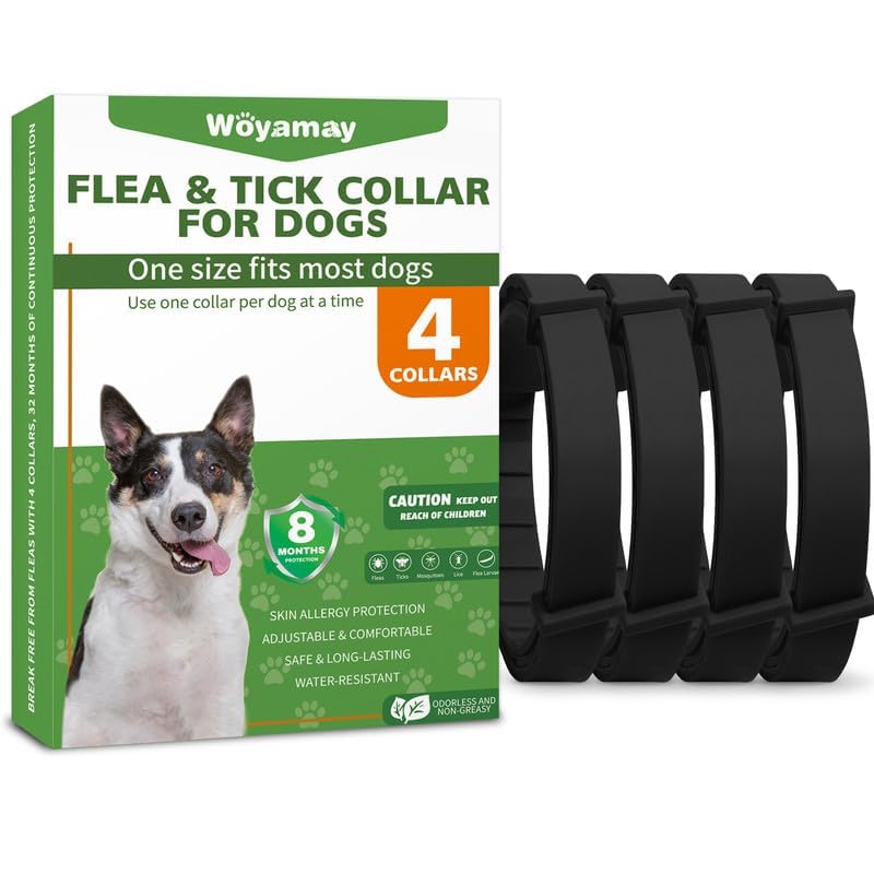 Collares Antiparasitarios para Perros, 4 Piezas Seguro y Eficaz Collar Antipulgas Perros contra Pulgas y Garrapatas, Protección de 8 Meses, Impermeable para Pequeño Mediano Grandes Perros, Negro