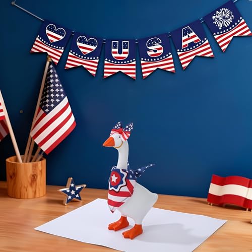 JATEBI 4 Set 7 Inch Holiday Desk Goose Outfits with Headscarf & Bow Cute Decoration for Valentine\'s Day & 4th of July, Magnetic Desk Goose Clothes Costume Accessories for Home Office Decor