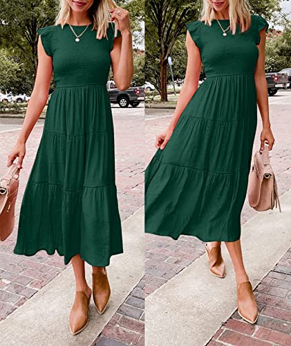 Merokeety ME02203DRESS1-FORESTGREEN-M Women'S Summer Casual Short Sleeve Round Neck Smocked High Waist Flowy Sun Midi Dress,Forestgreen,M thumb #3