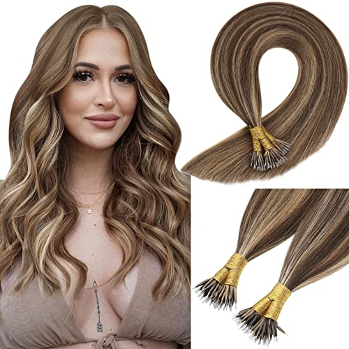 Sunny Nano Ring Human Hair Extensions Brown Highlight Nano Tip Hair Extensions Dark Brown Highlighted Caramel Blonde Remy Nano Hair Extensions Real Hair Highlights 50g 20inch