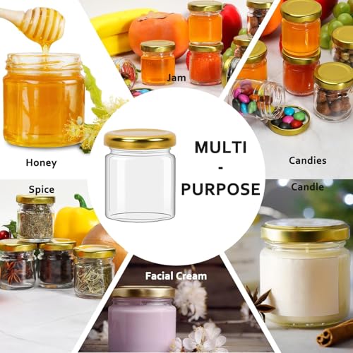 Image of Glassbunny 1 oz Mini Glass Honey Jars, 18 Pack 33gm Clear Canning Jars with Gold Lids Perfect for Baby Shower, Wedding Party Favors, Jam Jars