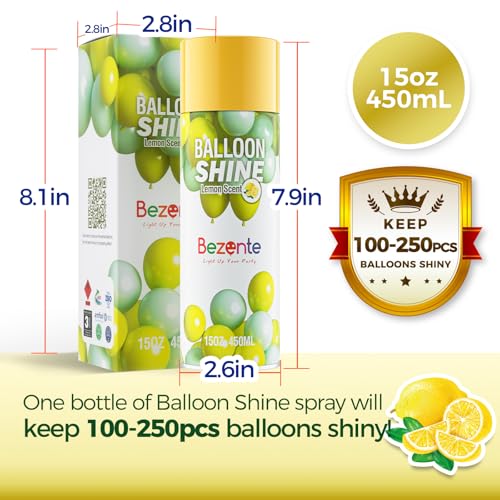 Image of Bezente Lemon Scent Balloon Shine Spray 15oz Fast High-Gloss for Parties | High Shine Fresh Lemon Balloon Spray, Long-Lasting Waterproof Gentle Formula, Quick Finish for Indoor Outdoor Events