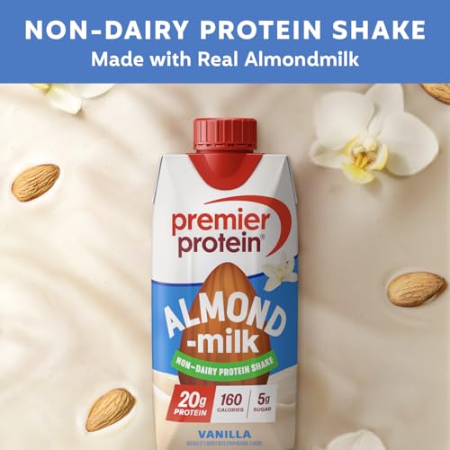 Image of Premier Protein Non-Dairy Plant Based Almondmilk Protein Shake, Vanilla, 20g Protein, 5g Sugar, 11 fl oz, 12 Pack