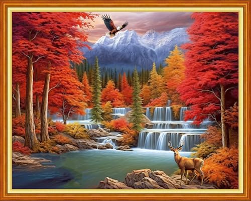Image of Foxhool Stamped Cross Stitch Kits,11CT Printed Cross Stitch Pattern Full Embroidery Kits for Beginner Needlepoint Kits-Golden Autumn Waterfall 16x20 inch