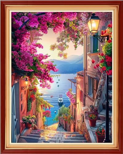 Image of Findvoor Stamped Cross Stitch Kits for Beginners Full Range of Cross Stitching Embroidery Pattern for Adults, 11CT DIY Needlepoint Embroidery Starter Kits-Seaside Flower Street 16x20 inch