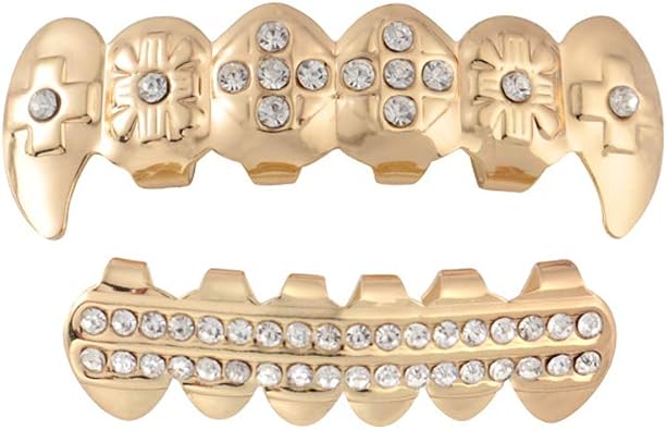 Vpang 18K Gold Plated Hip Hop Teeth Grillz Caps Iced Out CZ Top and Bottom Vampire Fangs Colorful Diamond Grillz Set for Men Women