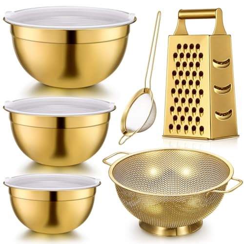 Baderke 6 Pcs Gold Kitchen Accessories Set Includes 3 Gold Mixing Bowls with Airtight Lids Stainless Steel Colander Grater Slicer and Fine Mesh Strainer (Mixing Bowls: 3.7/5/7 Qt, Colander: 5 Qt)