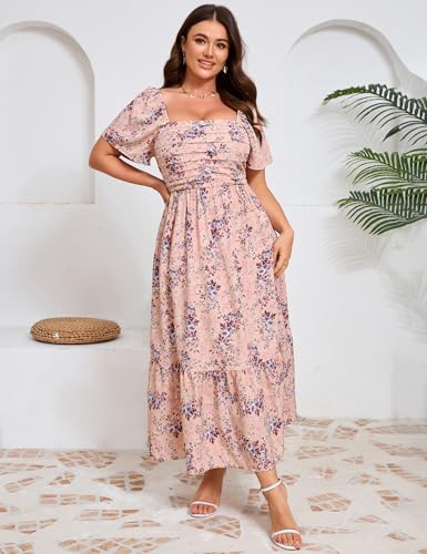 Image of ShopWonder Women Plus Size Dress Short Sleeve Square Neck Floral Maxi Pleated Ruffle A Line Long Dress