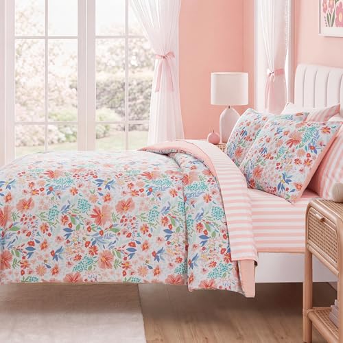 Image of Full Size Comforter Set for Girls Pink Floral Garden 7 Pieces Bed in a Bag