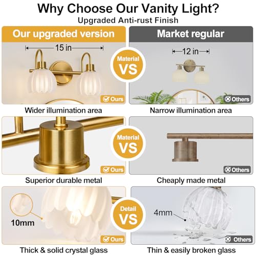 Image of 2-Light Bathroom Vanity Light, Brushed Gold Bathroom Light Fixtures with Ribbed Frosted Clear Tulip Glass Shades, Vanity Light Fixtures Over Mirror for Bedroom, Living Room, Hallway