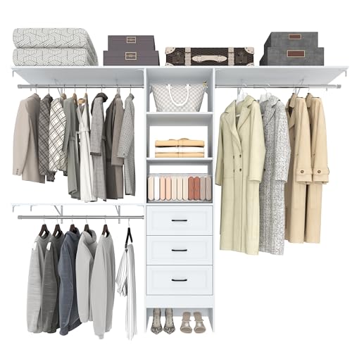 Walk in Closet System Closet Organizer with 3 Wooden Drawers?8FT Closet Systems with 25” Tower and 3 Extendable Hanging Rods, Wardrobe Clothes Garment Rack