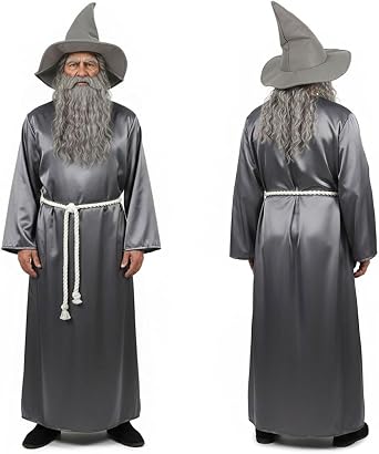 Adult halloween costume Wizard Costume Robe with Gray Hat and Rope Belt