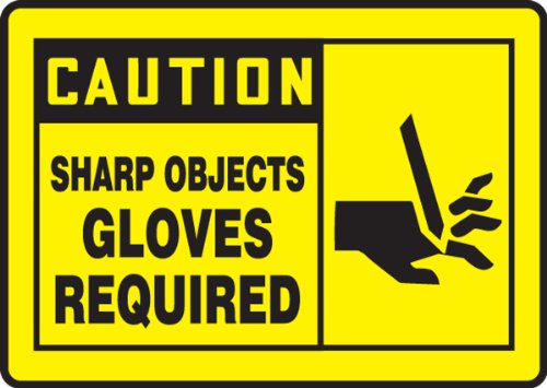 Panneau attention objets coupants gants de protection obligatoires jaune