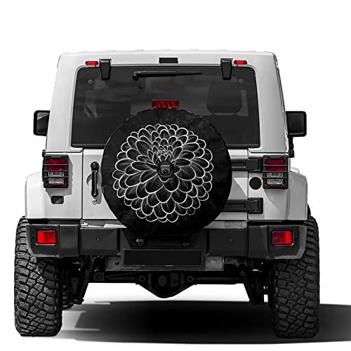 Image of Beautiful Monochrome Black and White Dahlia Flower Spare Tire Cover with Backup Camera Hole Wheel Tire Cover Fit Trailer, RV, SUV and Many Vehicle 17inch