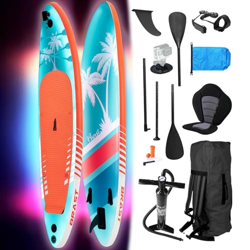 BRAST SUP Board mit LEDs | Aufblasbares Stand up Paddling Set | 320x81x15cm | 4 Designs | LED-Beleuchtung | 200kg Tragkraft | 5 Jahre Garantie | 2in1 Paddel Kajak-Sitz Action-Cam-Halterung Fußschlaufe