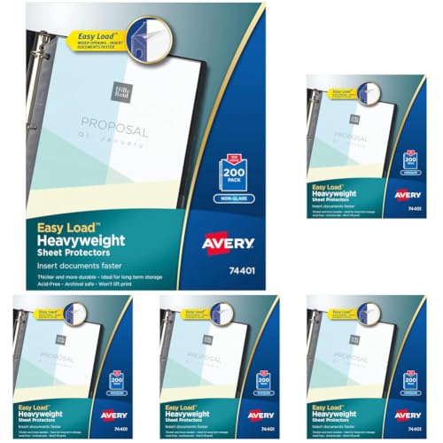 Image of Avery Clear Heavyweight Sheet Protectors, Non-Glare, Easy Load, 200 Document Protectors (74401), 11 X 8 1 /2 (Pack of 5)