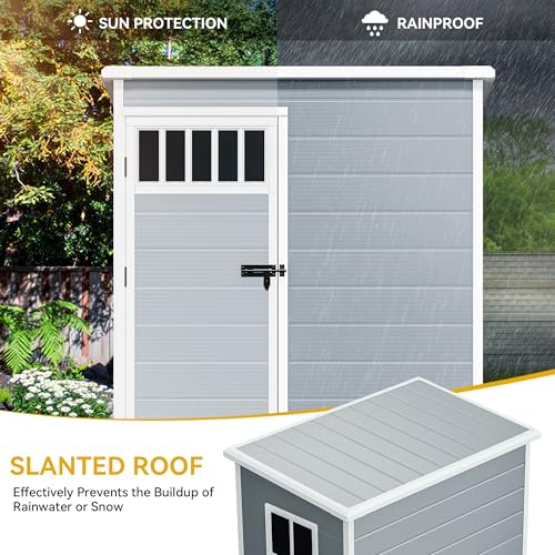 Image of DWVO 5x3FT Outdoor Storage Shed with Fence-Style and Side Windows, Floor, Lockable Doors, Plastic Storage Shed for Backyard and Garden, Gray