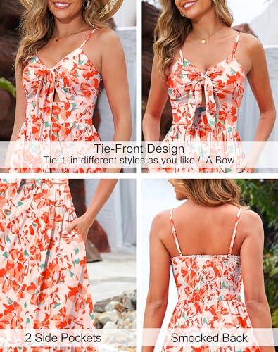 Image of Kranda Women 2026 Summer Sundress High Waist Tie Front Spaghetti Strap Long Beach Floral Tiered Maxi Dress with Pockets