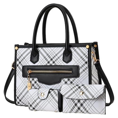 Purses and Handbags for Women 3Pcs Womens Handbags Fashion PU Leather Tote Shoulder Top Handle Satchel Purse Bags Adjustable Strap Work Satchel with Wallet (white+black)