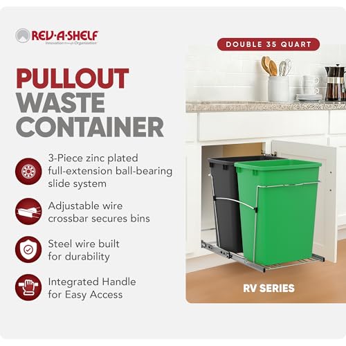 Image of Rev-A-Shelf Double Pullout Garbage Trash Cans for Kitchen Cabinets, 35 Qt