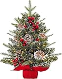 Sapin de Noël de table Norfolk PE : 61 cm (H) x 38,1 cm (l) Sapin de Noël avec 30 LED, 50 pointes de pin enneigées, 56 baies rouges, 8 pommes de pin à pointe blanche ; créez des ambiances de Noël d'hiver pour votre table à manger, table basse et table de chevet
