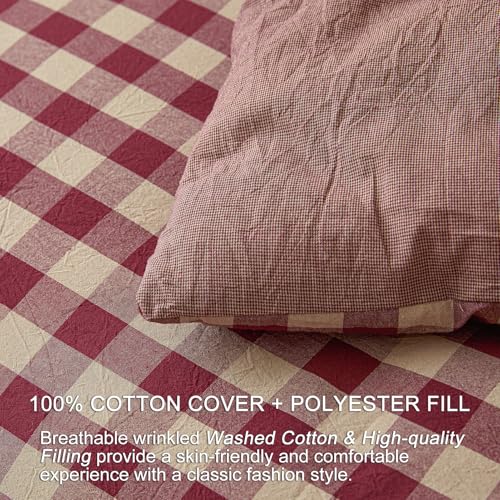 Image of Cyusri Cotton Plaid Queen Comforter Set - Soft Lightweight Bedding 3 Pieces Dyed Bed Set with 2 Pillow Shams,Reversible All Season Farmhouse Down Alternative(Queen Size 90 inchx90 inch Retro Red)
