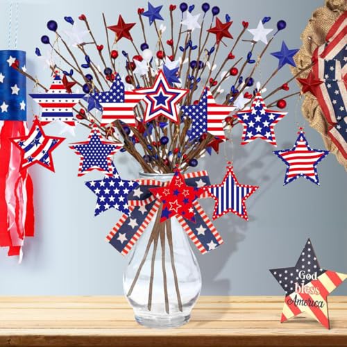 24pcs 4th of July Hanging Ornaments Independence Day Tree Decorations for White Red Blue Star Ornament Patriotic Tree Decorations with Ropes USA Flag Hanging Decoration for Holiday Party Supplies