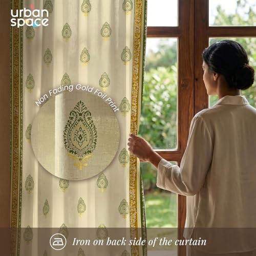 Image of Urban Space 100% Cotton Curtains with Gold Foil Print | Upto 60% Light Blocking Long Door Curtain 8 feet I Set of 2 Decorative Curtains with Eyelets, Tieback (Zari Buta Sage Green Gold - 8 feet)