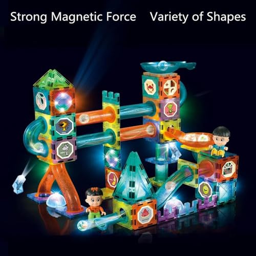 Image of VGRASSP 49 Pcs Magnetic Building Blocks Marble Run Track Set Toy for Kids with LED Lights - Educational STEM Construction Toy Kit with Strong Magnets - Color As Per Stock