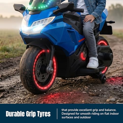 Image of Baybee BoltX Electric Bike for Kids 3+ Years | Baby Rechargeable Battery Bike with Training Wheels, Hand Accelerator, Foot Brake, Led Lights & Music | Battery Operated Bike for Kids to Drive (Blue)